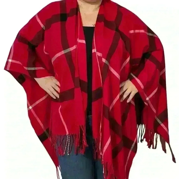 Jessica McClintock Red Plaid Fringe Wrap Shawl Open Front Cardigan One Size - Picture 2 of 8